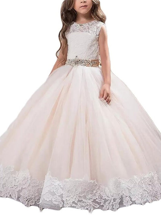 Lace Floor-Length Tulle Sleeveless Gown Ball Scoop Flower Girl Dresses