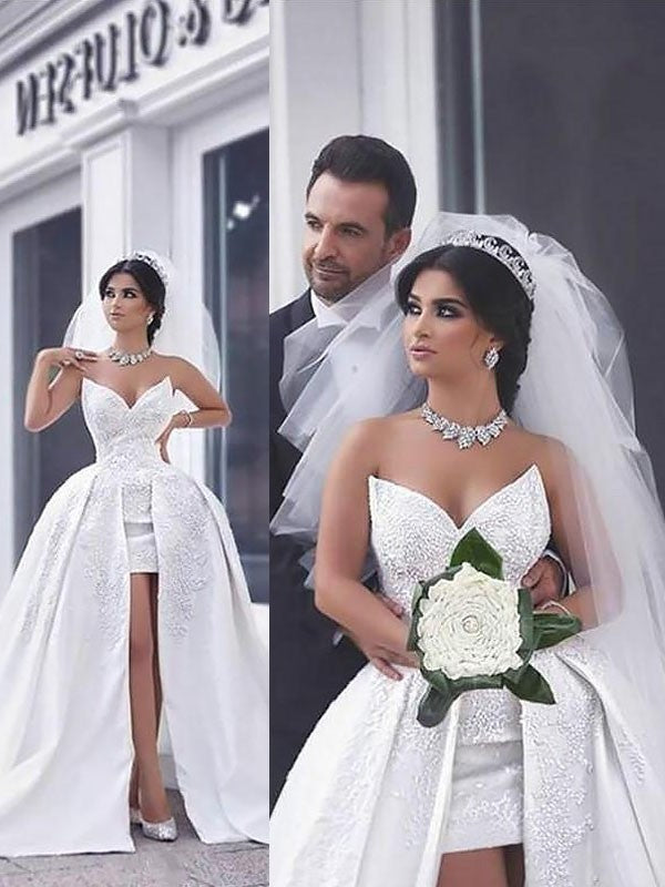 Beading Gown Ball Satin Chapel Sleeveless Train Sweetheart Wedding Dresses