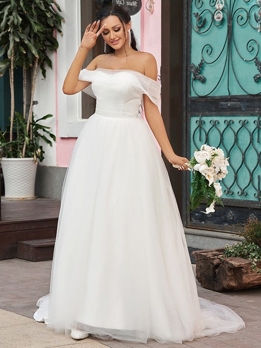 Sleeveless Off-the-Shoulder A-Line/Princess Tulle Ruffles Sweep/Brush Train Wedding Dresses