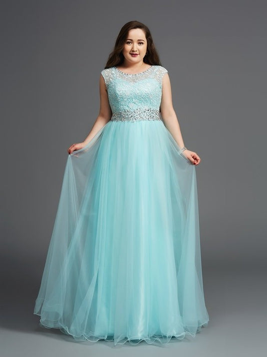 Long Scoop Rhinestone Tulle Sleeveless A-Line/Princess Plus Size Dresses