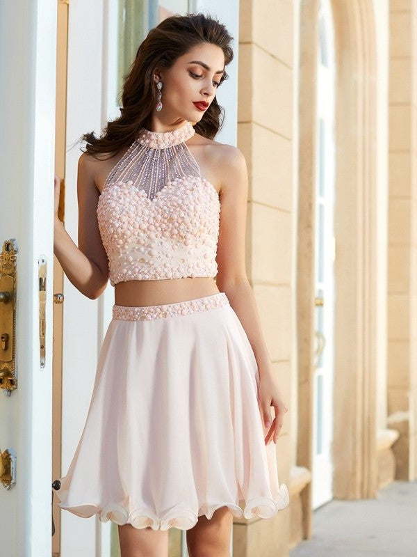 Sleeveless Beading Short/Mini Chiffon A-Line/Princess Halter Two Piece Dresses