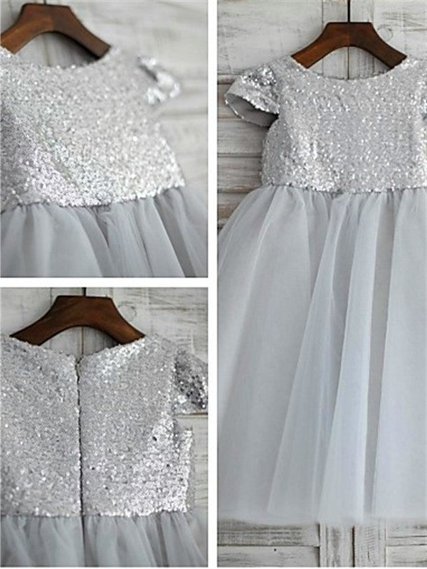 Sequin Tulle Short Sleeves A-line/Princess Tea-Length Scoop Flower Girl Dresses