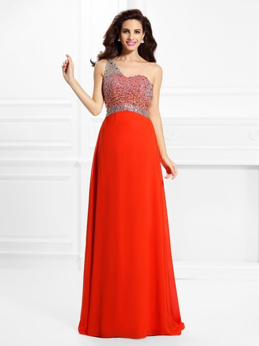 A-Line/Princess Sleeveless One-Shoulder Beading Long Chiffon Dresses