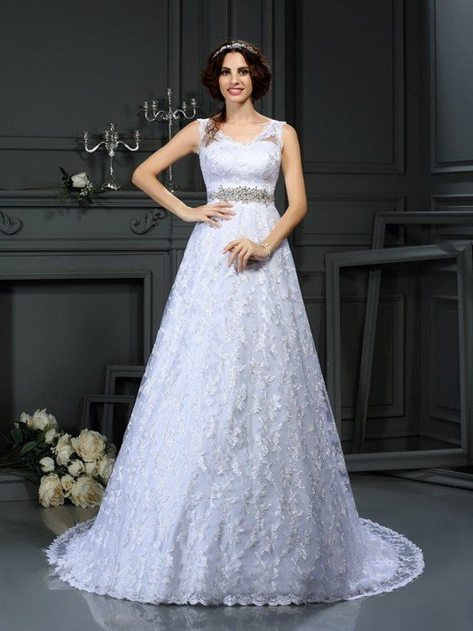 Long V-neck Lace A-Line/Princess Sleeveless Satin Wedding Dresses