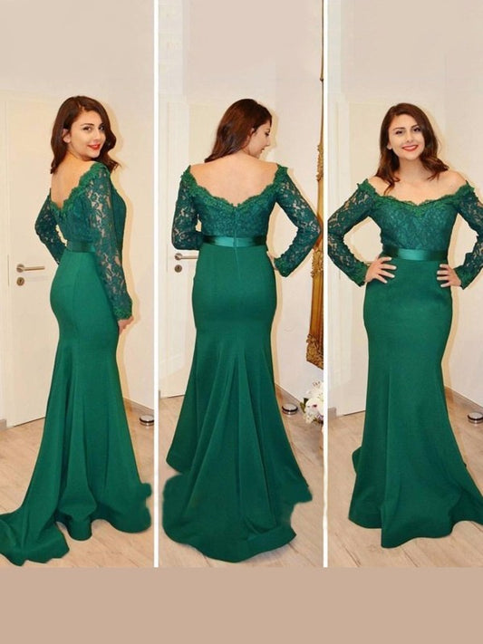 Trumpet/Mermaid Sleeves Long Applique Off-the-Shoulder Sweep/Brush Train Satin Dresses