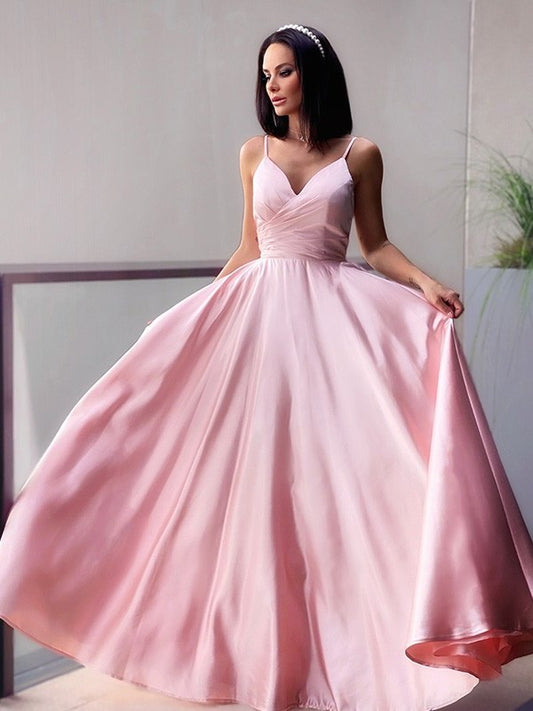 Satin V-neck Ruched A-Line/Princess Sleeveless Floor-Length Dresses