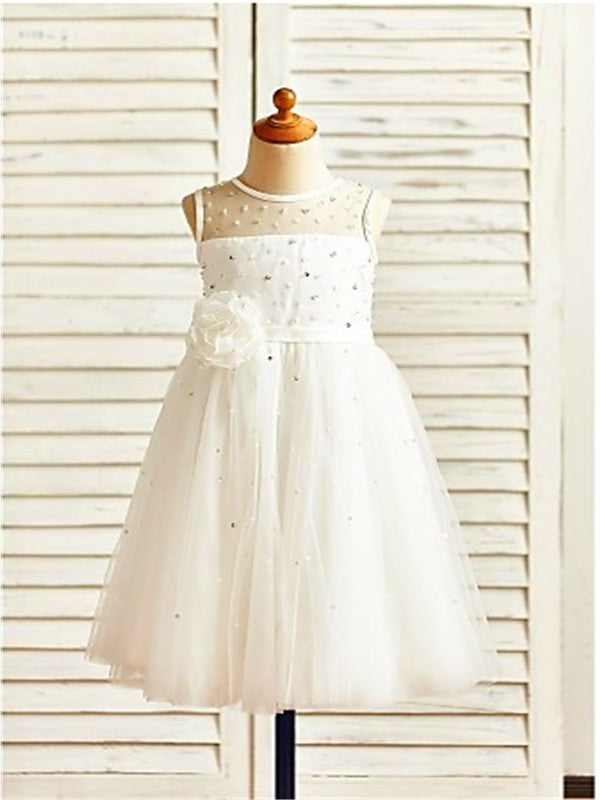 Hand-made Flower Tea-Length Sleeveless Tulle Scoop A-line/Princess Flower Girl Dresses