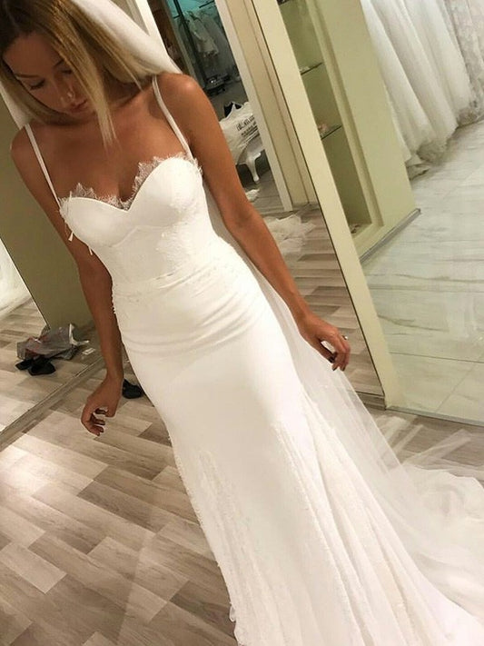 Spaghetti Sleeveless Sheath/Column Sweep/Brush Straps Sweetheart Train Lace Wedding Dresses