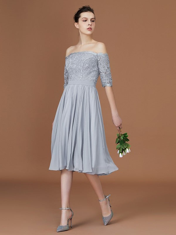 Off-the-Shoulder Short A-Line/Princess Sleeves Lace Tea-Length Chiffon Bridesmaid Dress