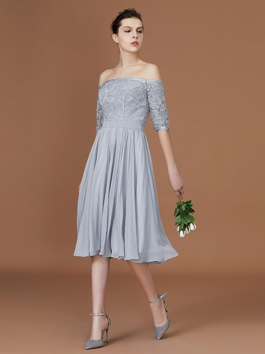 Off-the-Shoulder Short A-Line/Princess Sleeves Lace Tea-Length Chiffon Bridesmaid Dress