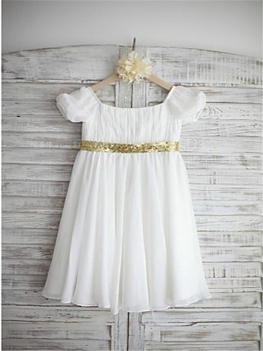 Beading Bateau Chiffon A-line/Princess Tea-Length Sleeves Short Flower Girl Dresses