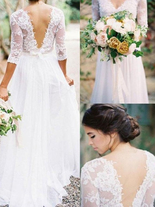 A-Line/Princess Floor-Length 1/2 V-neck Lace Applique Sleeves Chiffon Wedding Dresses