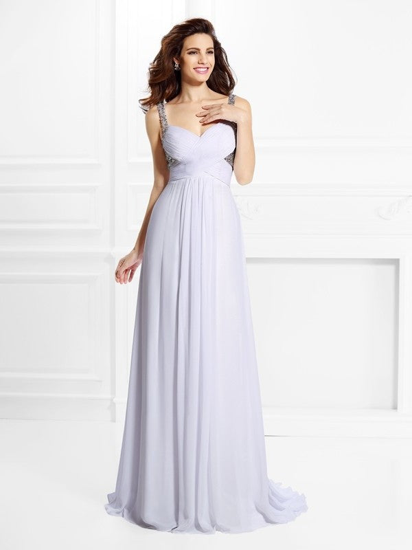 A-Line/Princess Pleats Straps Sleeveless Beading Long Chiffon Dresses