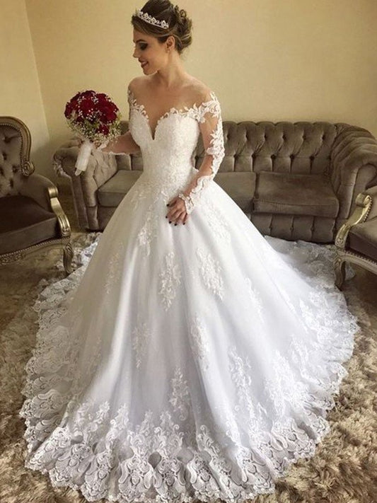 Gown Long Off-the-Shoulder Sleeves Ball Sweep/Brush Train Lace Tulle Wedding Dresses