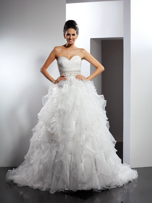 Ruffles Ball Sleeveless Sweetheart Gown Long Organza Wedding Dresses