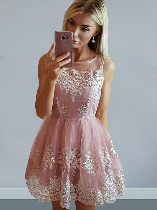 Tulle Scoop Sleeveless A-Line/Princess Applique Short/Mini Dresses