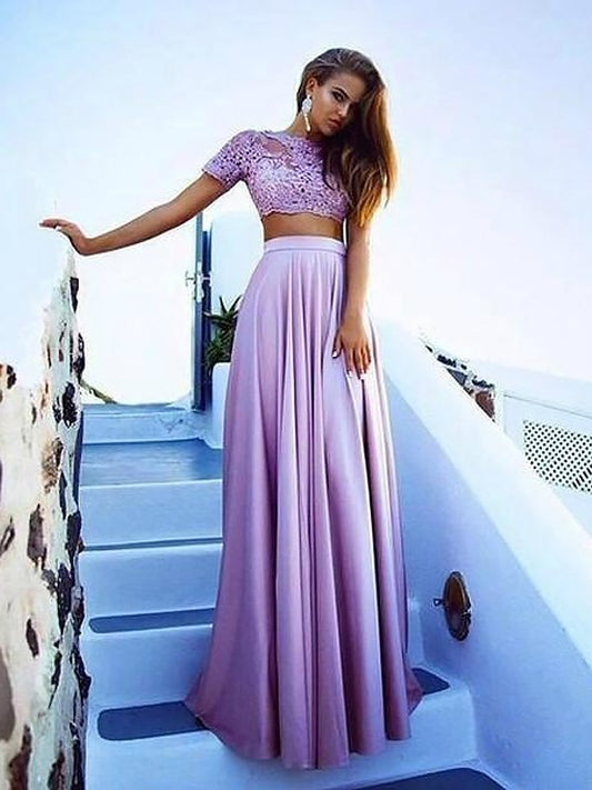 Lace Short Sleeves Satin A-Line/Princess Floor-Length Bateau Two Piece Dresses