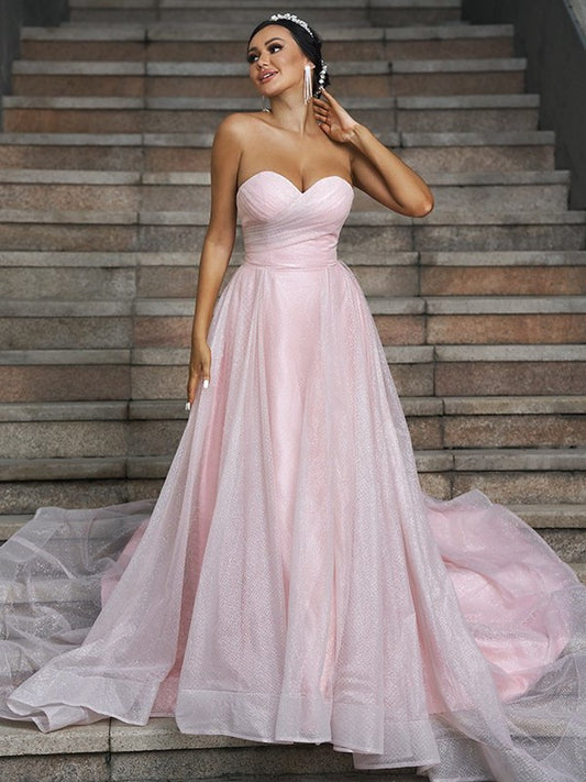 Sleeveless Ruffles A-Line/Princess Satin Sweep/Brush Sweetheart Train Wedding Dresses