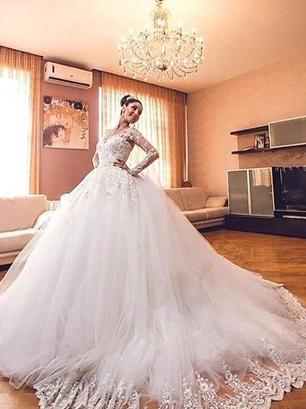 Court Ball V-neck Gown Sleeves Tulle Long Train Wedding Dresses