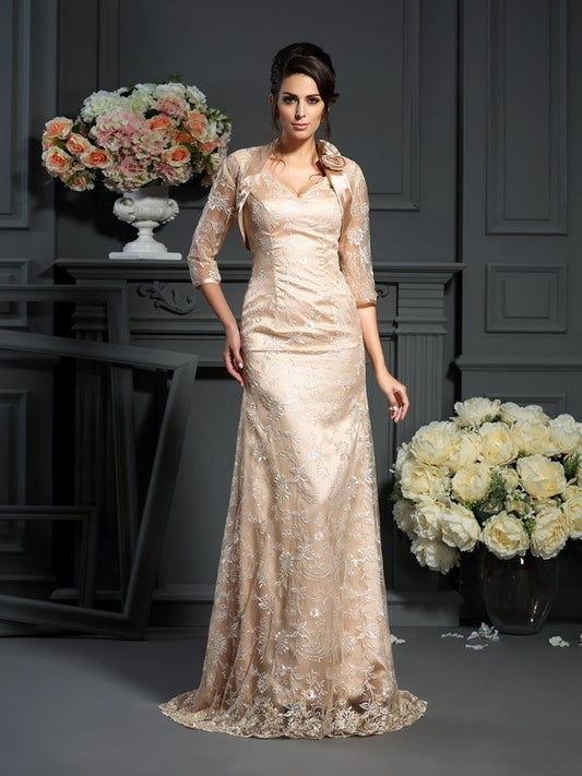 Woven A-Line/Princess Lace of Elastic Sleeveless V-neck Mother Satin Long the Bride Dresses