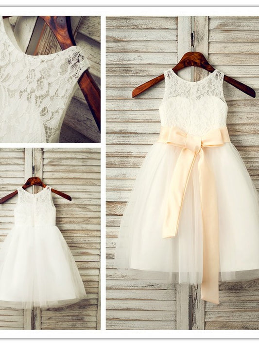 A-Line/Princess Sleeveless Scoop Tulle Tea-Length Sash/Ribbon/Belt Flower Girl Dresses