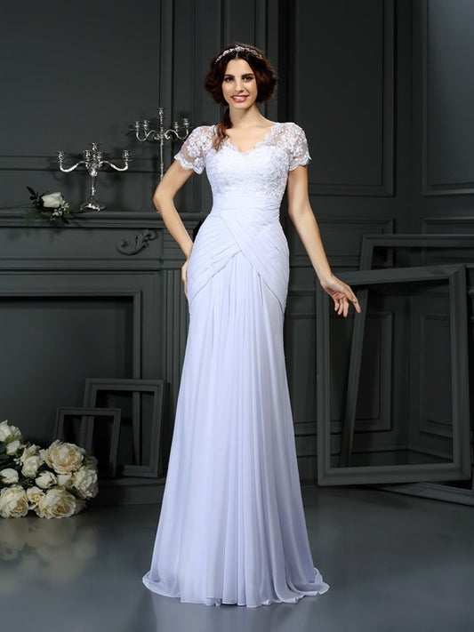 Sheath/Column Lace V-neck Sleeves Long Short Chiffon Wedding Dresses