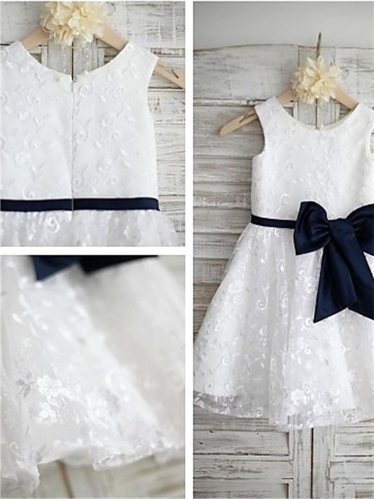 Sleeveless Tea-Length Scoop Bowknot A-line/Princess Lace Flower Girl Dresses