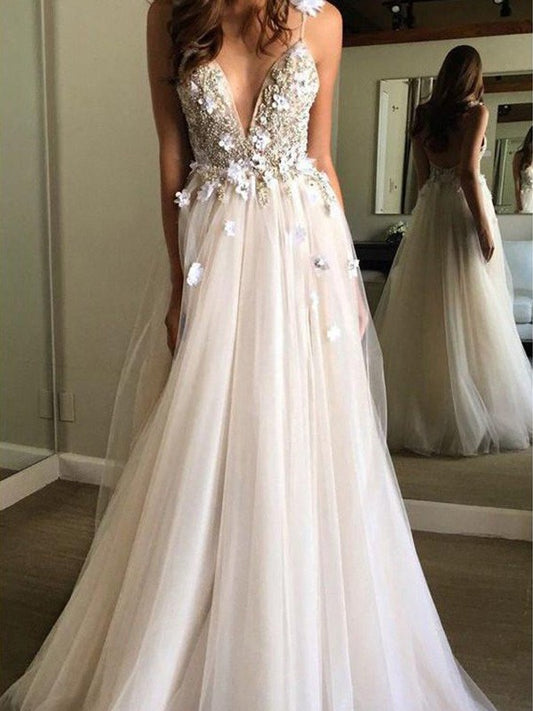 A-Line/Princess V-neck Beading Tulle Sleeveless Floor-Length Wedding Dresses