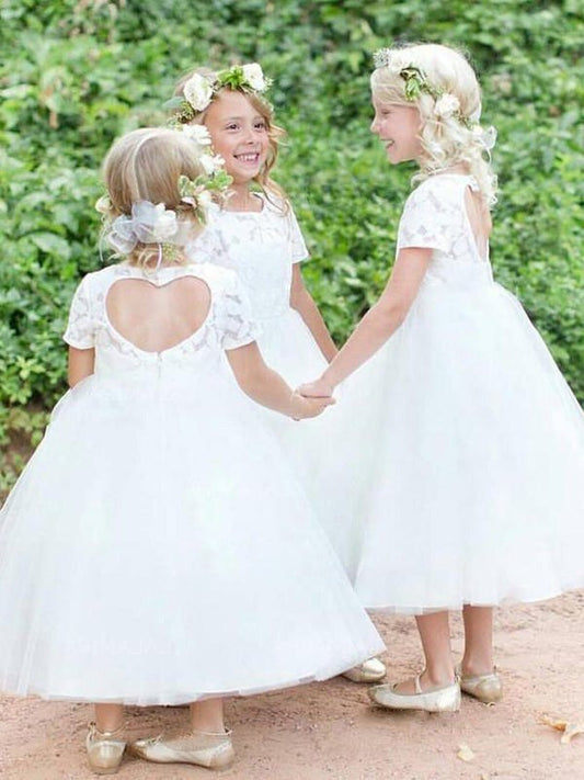 Ball Tea-Length Sleeves Scoop Lace Short Tulle Gown Flower Girl Dresses