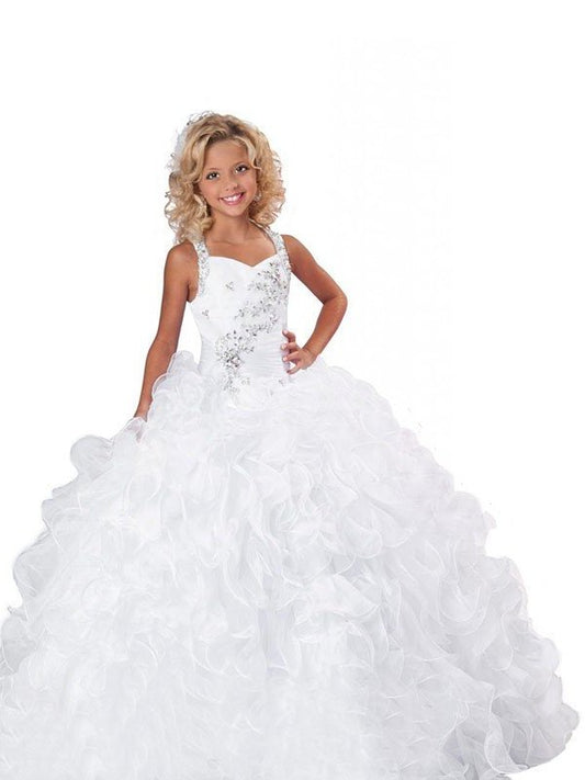 Sleeveless Beading Ball Organza Gown Long Straps Flower Girl Dresses