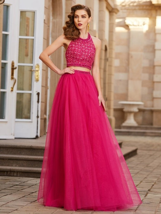 Floor-Length Halter Sleeveless Beading A-Line/Princess Tulle Two Piece Dresses