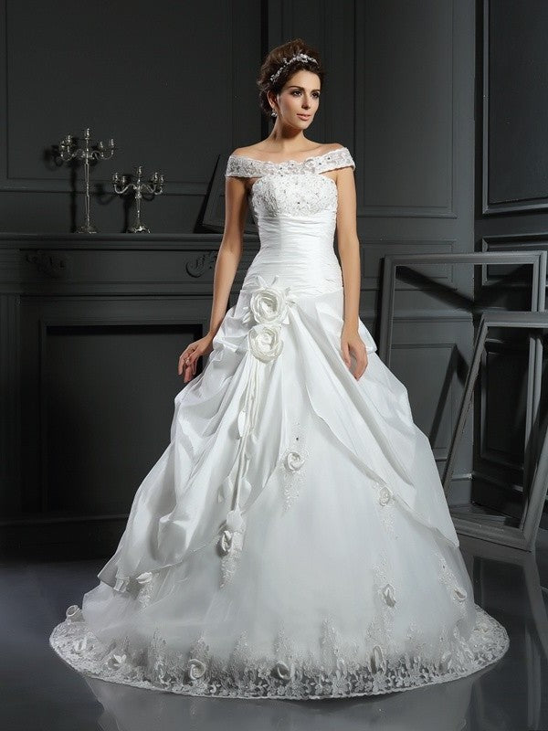 Flower Off-the-Shoulder Long Ball Hand-Made Gown Sleeveless Satin Wedding Dresses