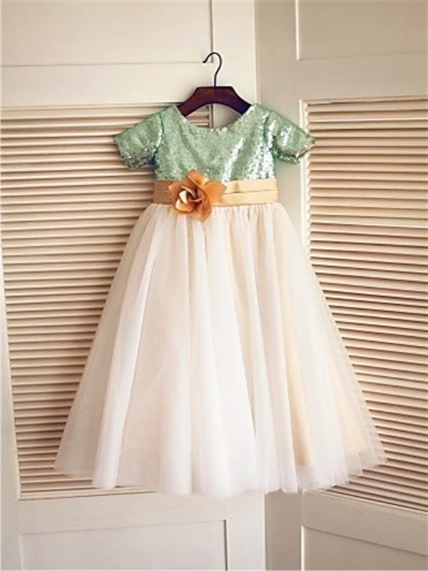 A-line/Princess Short Scoop Sequin Tulle Tea-Length Sleeves Flower Girl Dresses