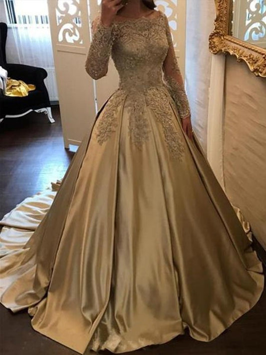 Sweep/Brush Sleeves Long Off-the-Shoulder Gown Train Ball Applique Satin Dresses