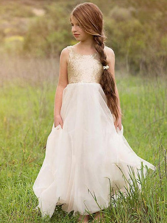 Floor-Length A-Line/Princess Scoop Sequin Sleeveless Tulle Flower Girl Dresses