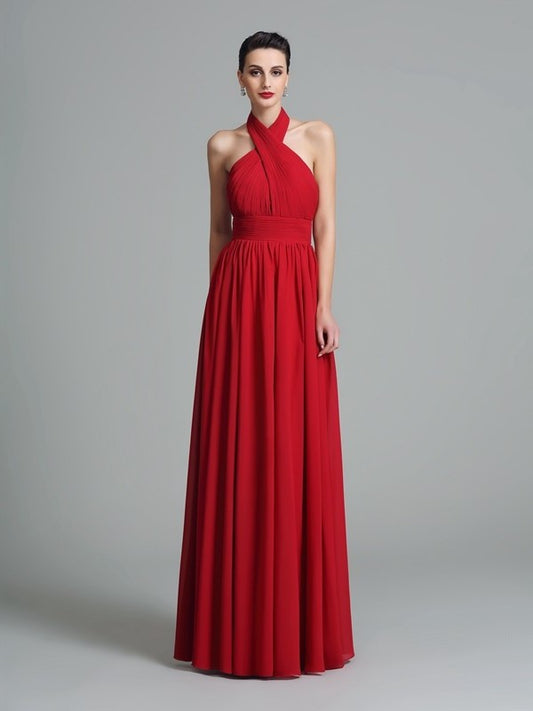 Sleeveless A-Line/Princess Long Halter Ruffles Chiffon Bridesmaid Dresses