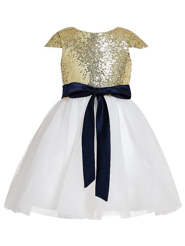 A-Line/Princess Short Jewel Sequins Tulle Tea-Length Sleeves Flower Girl Dresses