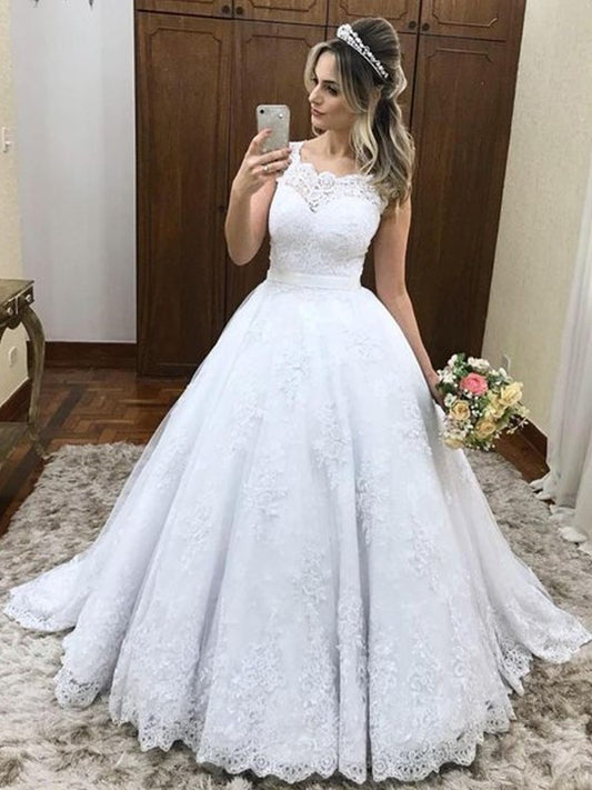 Train Gown Scoop Lace Sweep/Brush Ball Sleeveless Satin Wedding Dresses