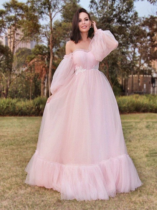 A-Line/Princess Tulle Floor-Length Sleeves Long Applique Off-the-Shoulder Dresses