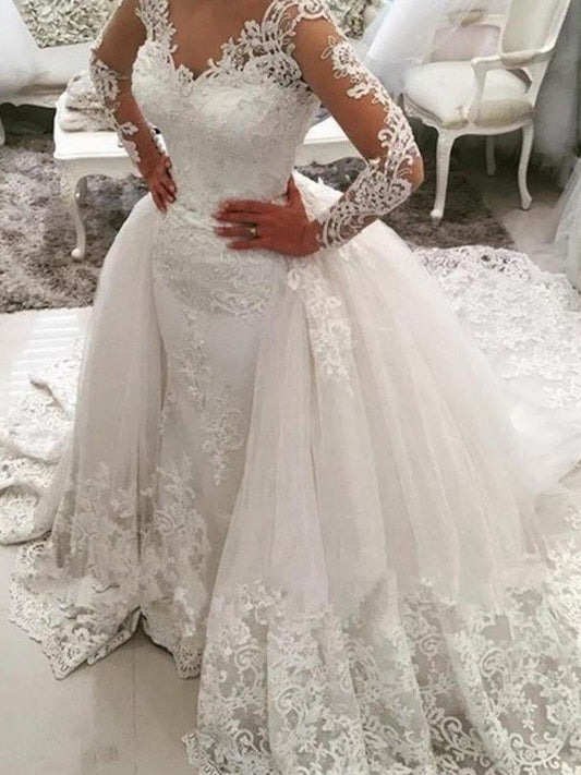 Long Ball Gown Cathedral Applique Sleeves V-neck Train Lace Tulle Wedding Dresses