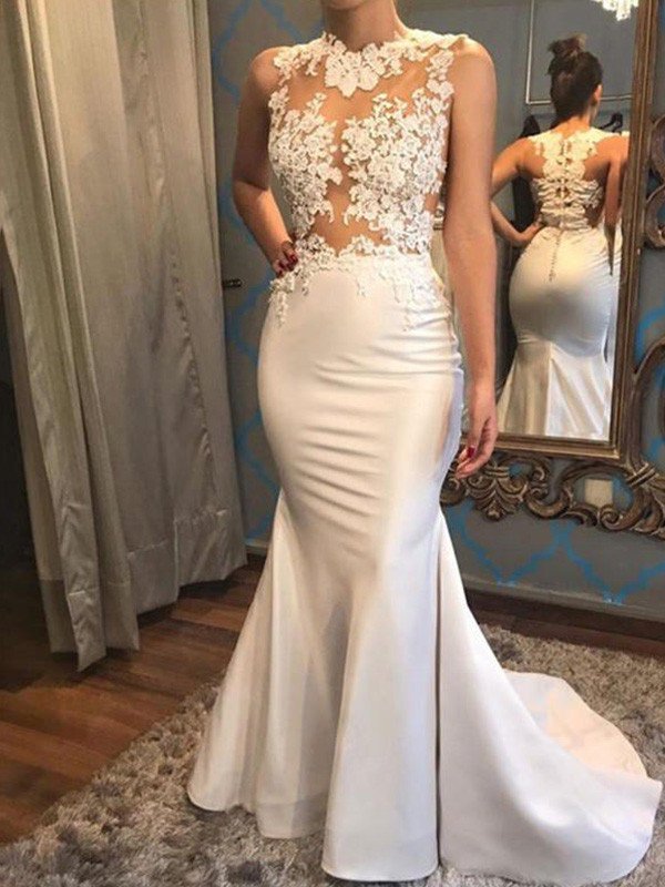 Court Scoop Trumpet/Mermaid Sleeveless Train Applique Satin Wedding Dresses