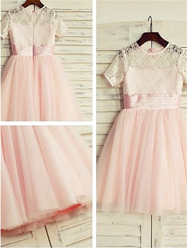 Tea-Length Jewel A-line/Princess Sleeves Lace Tulle Short Flower Girl Dresses