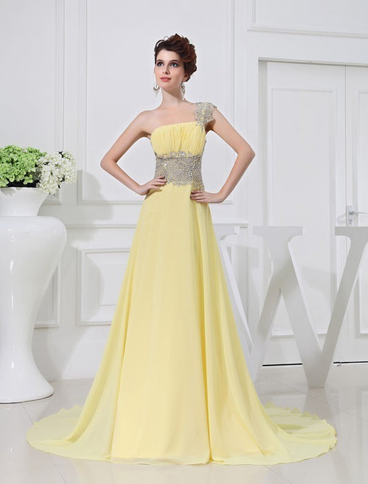 A-Line/Princess One-shoulder Beading Appliques Chiffon Dresses