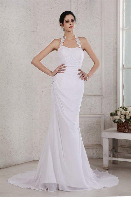 Sleeveless Trumpet/Mermaid Applique Beading Halter Long Chiffon Wedding Dresses