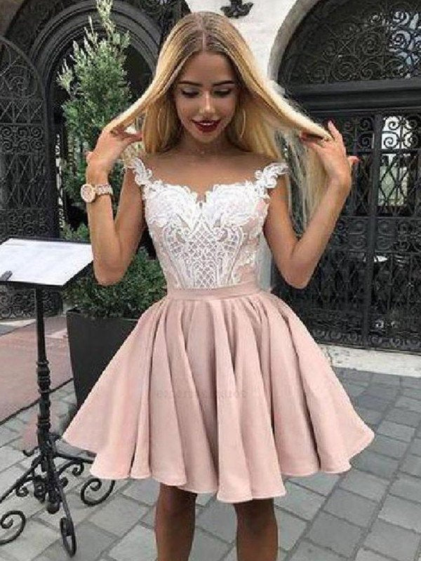 Satin Off-the-Shoulder A-Line/Princess Applique Sleeveless Short/Mini Homecoming Dress