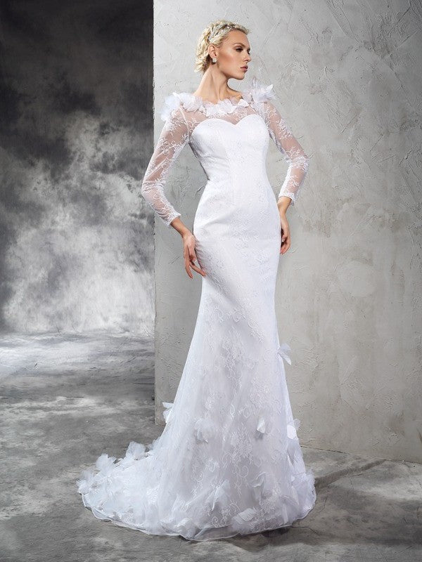 Hand-Made Long Long Sheer Neck Flower Sleeves Sheath/Column Satin Wedding Dresses