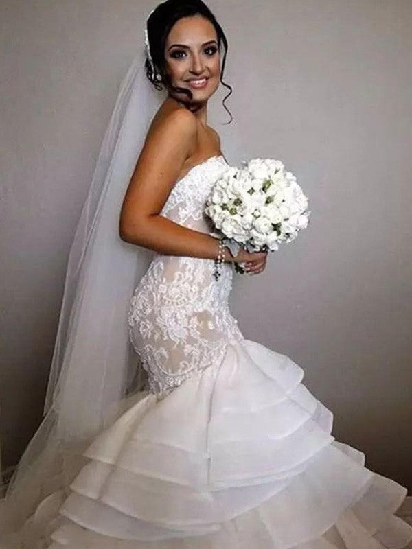 Train Sleeveless Applique Lace Trumpet/Mermaid Ruffles Chapel Sweetheart Organza Wedding Dresses