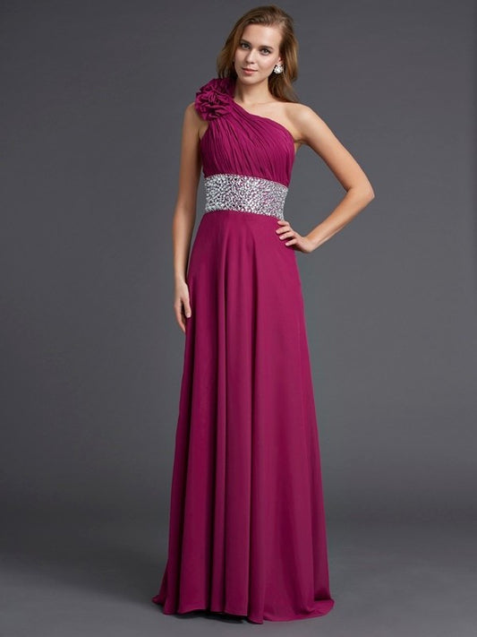 Sleeveless One-Shoulder Beading A-Line/Princess Long Chiffon Dresses