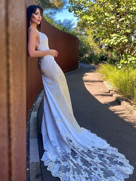 Woven Trumpet/Mermaid Sleeveless Court Spaghetti Lace Elastic Straps Satin Train Wedding Dresses