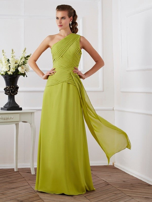 Pleats A-Line/Princess One-Shoulder Sleeveless Long Chiffon Dresses